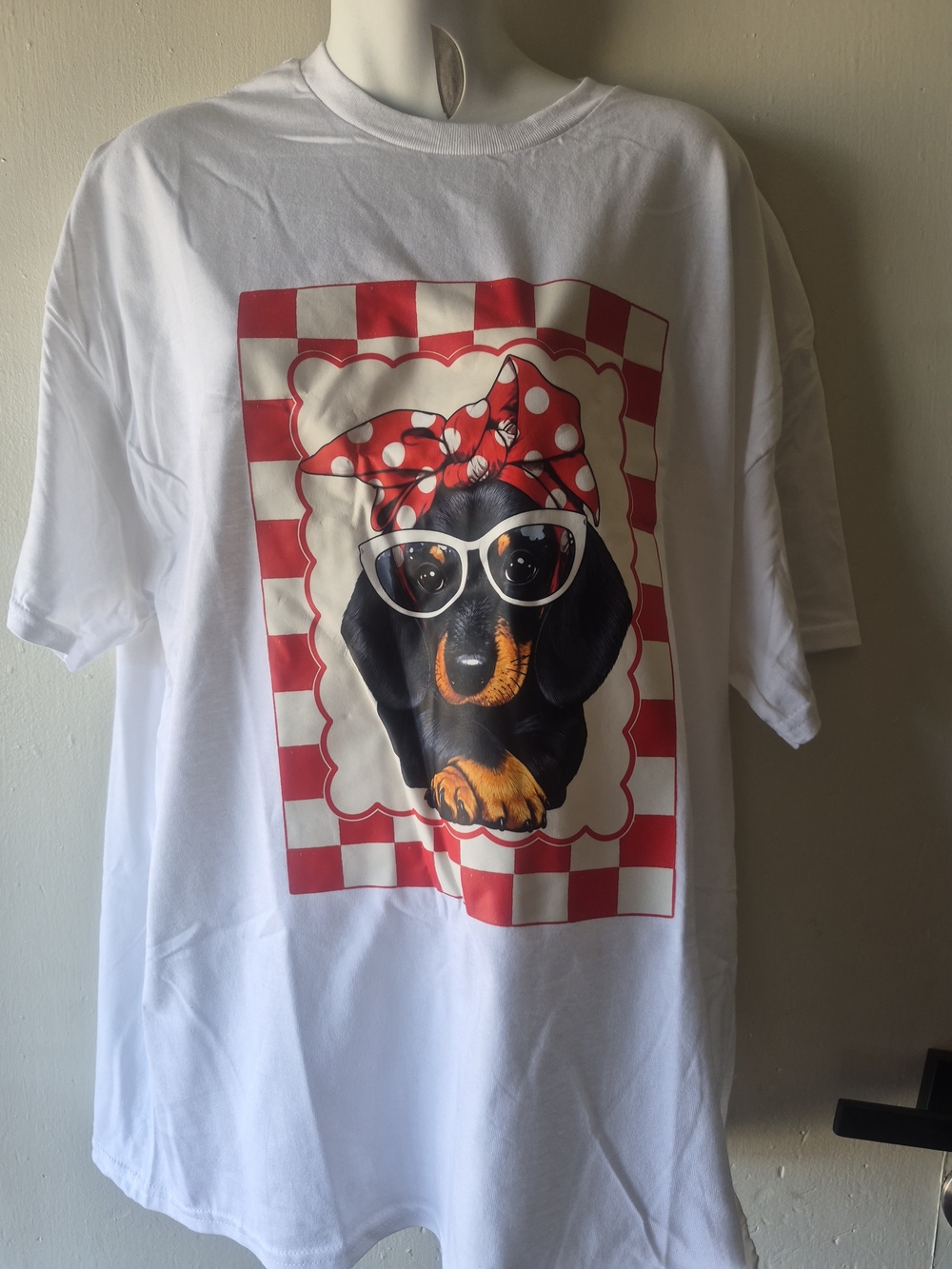 Gildan White Tee with Black Dachshund Graphic and Red Accents